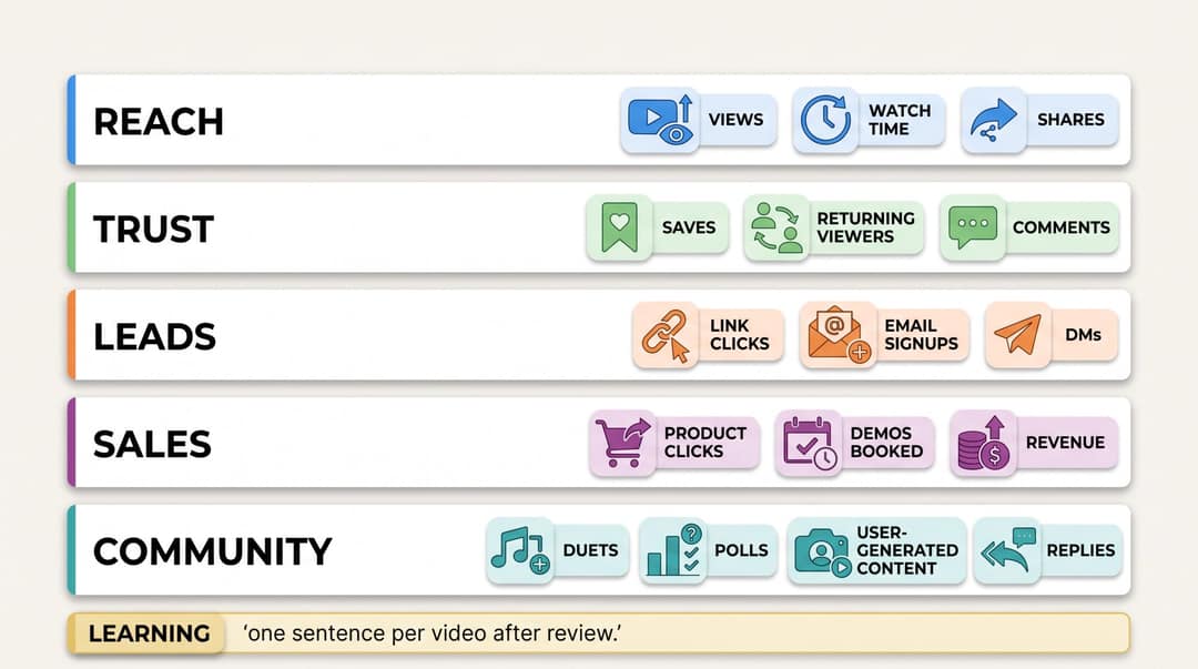Framework matching video metrics to goals: reach, trust, leads, sales and community