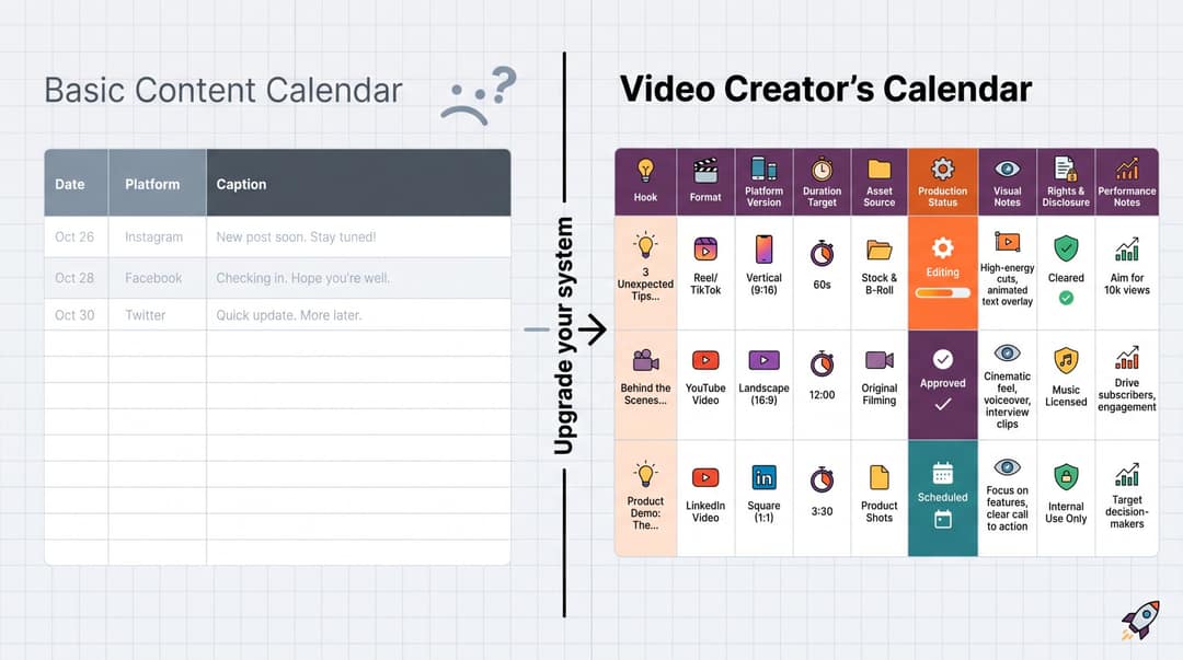 Basic calendar with date, platform and caption next to a video calendar with hook, format, status and rights columns