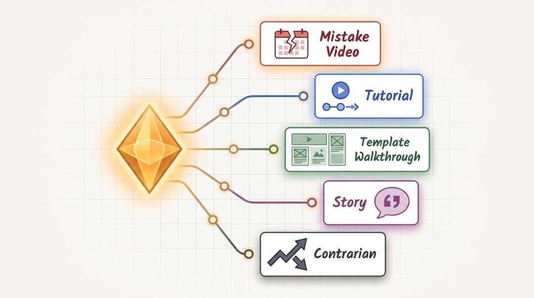 One video idea split into five formats: mistake, tutorial, template walkthrough, story and contrarian take