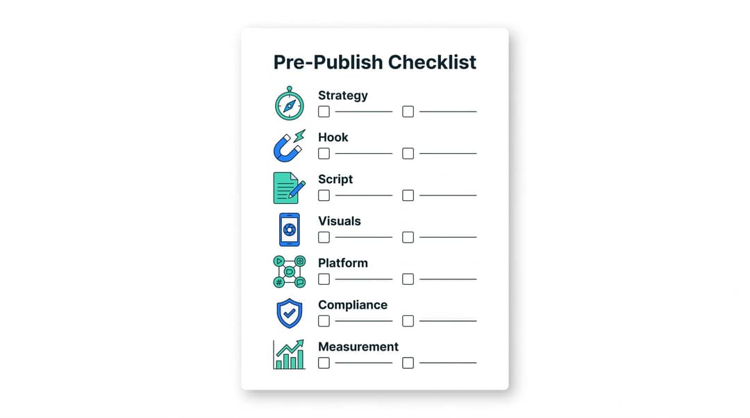 Pre-publish checklist with seven sections: strategy, hook, script, visuals, platform, compliance, measurement