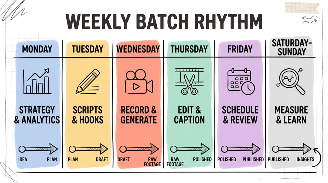 Weekly batch rhythm: strategy Monday, scripts Tuesday, record Wednesday, edit Thursday, schedule Friday, review weekend
