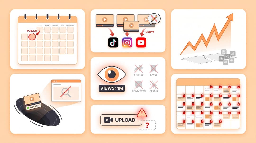 Grid of seven common content calendar mistakes video creators make