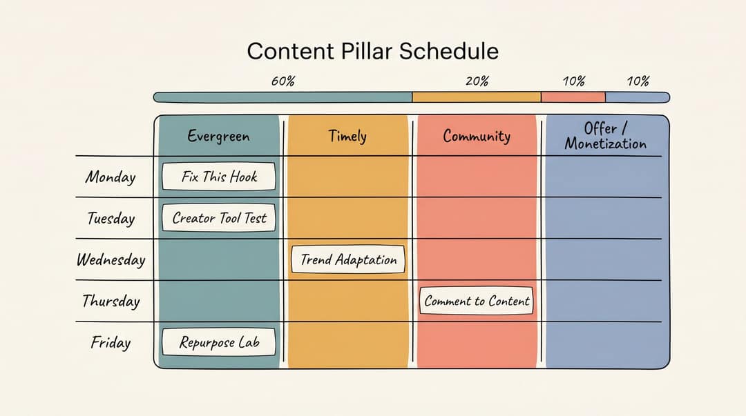 Weekly pillar schedule with evergreen, timely, community and offer lanes mapped to Monday through Friday