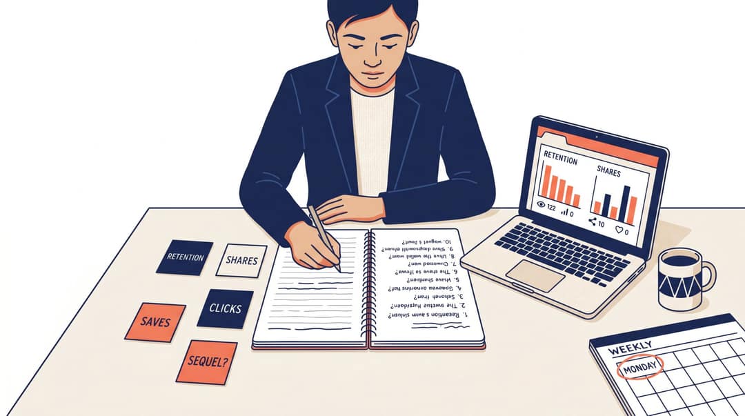 Weekly review checklist of ten questions next to an analytics dashboard