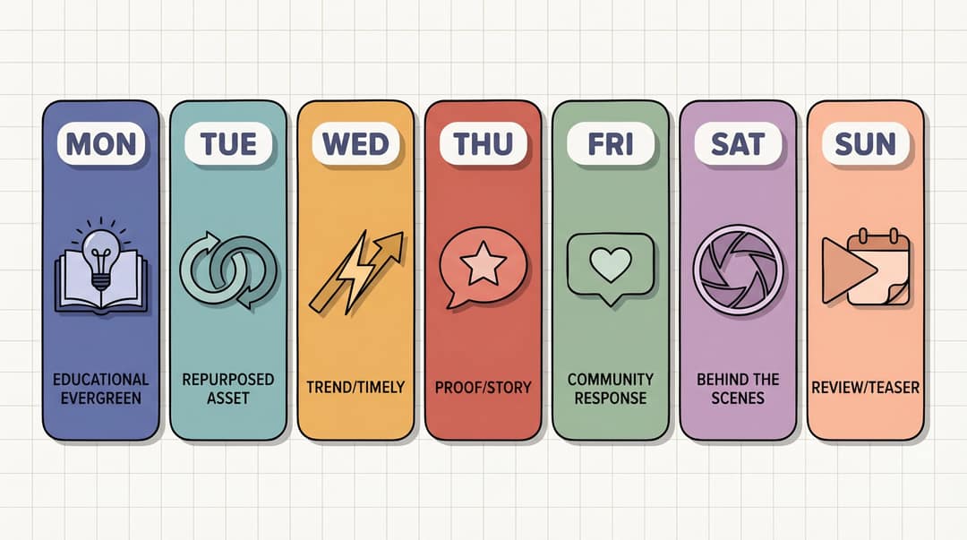 Seven-day video mix: evergreen, repurposed, trend, proof, community, behind the scenes and review or teaser