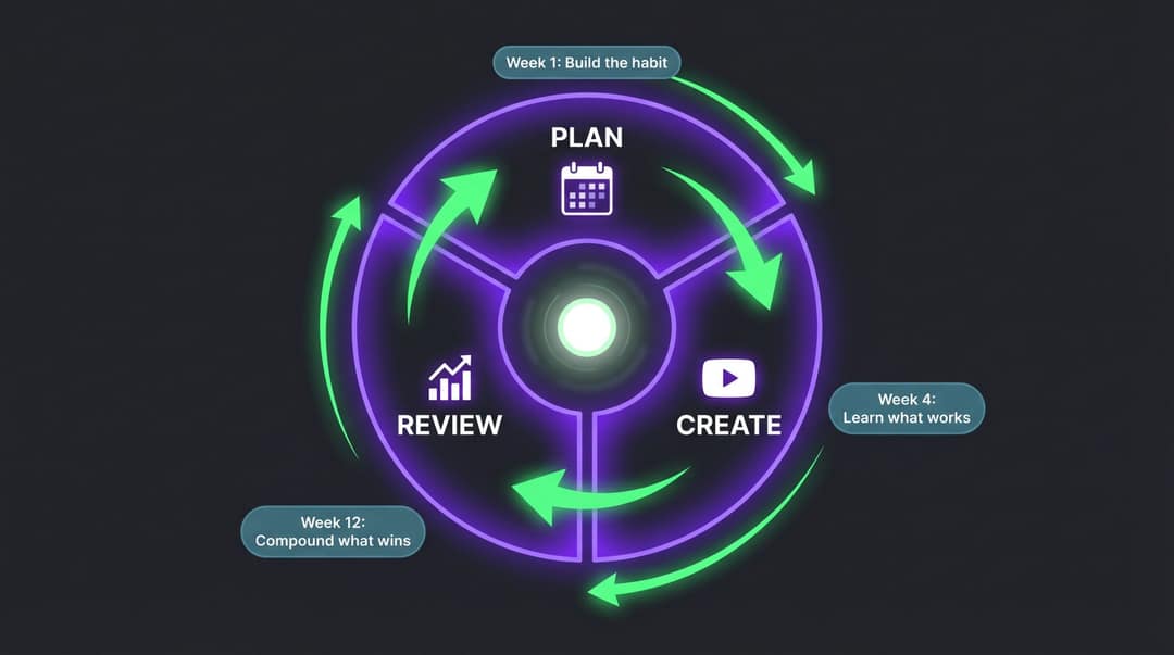 Flywheel of plan, create and review phases that improve a video calendar over time