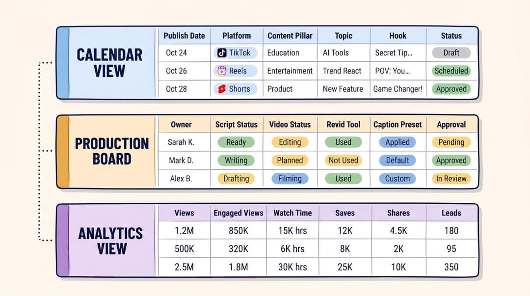 Three linked views of one calendar: calendar dates, production board statuses and post-publish analytics