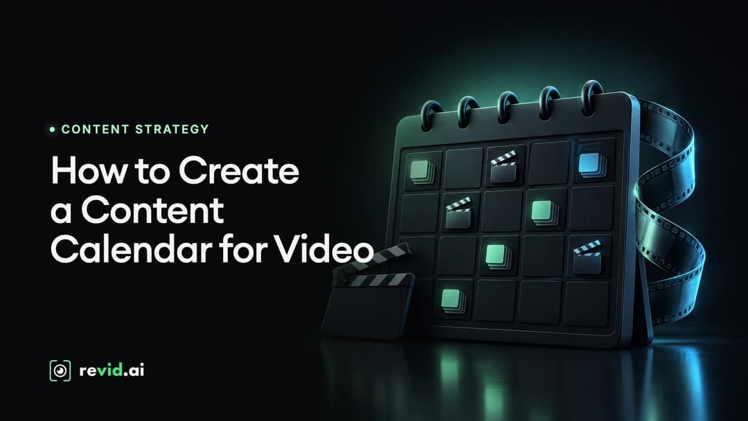 How to Create a Content Calendar for Video: A blank calendar grid filled with small cards, a clapperboard at its base and a film strip curling from its side