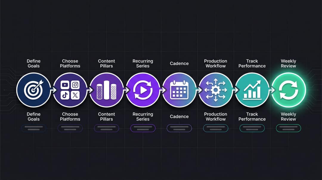 Eight-step pipeline: goals, platforms, pillars, series, cadence, production workflow, tracking, weekly review